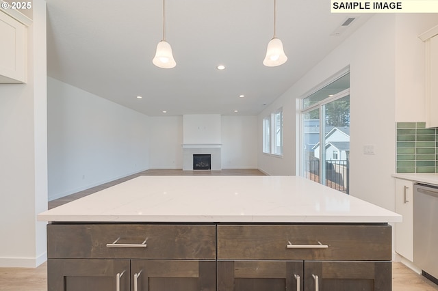 1496 NE Josephine Ct Unit 181, Estacada, OR 97023 - kitchen with dishwasher, dark brown cabinets, a fireplace, light wood-style flooring, and recessed lighting