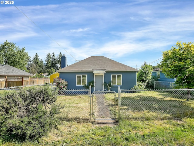 12226 SE Raymond St, Portland, OR 97236 - view of front facade featuring a chimney, a gate, stucco siding, and a shingled roof