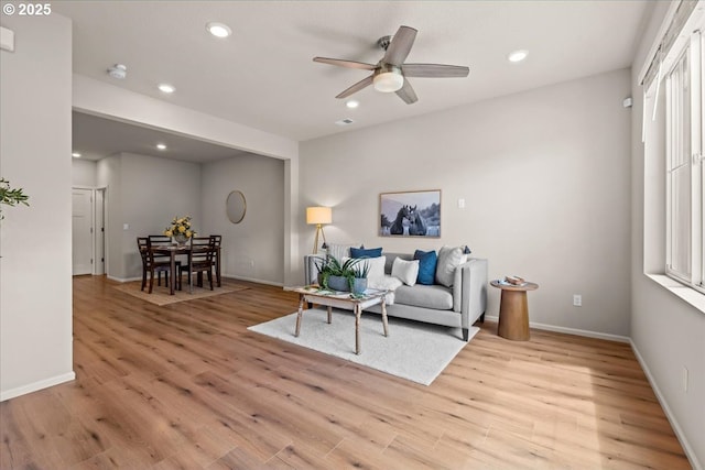 31363 NW N Ave, North Plains, OR 97133 - living room with light wood-style flooring, ceiling fan, recessed lighting, and baseboards