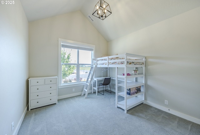 91209 N Coleman St, Eugene, OR 97408 - bedroom featuring carpet flooring, vaulted ceiling, and a chandelier