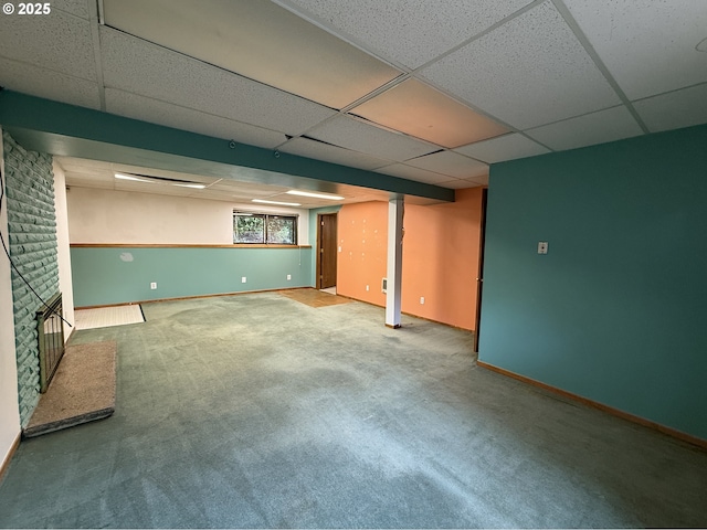 5235 SE 32nd Ave, Portland, OR 97202 - basement featuring a drop ceiling, carpet, and a fireplace