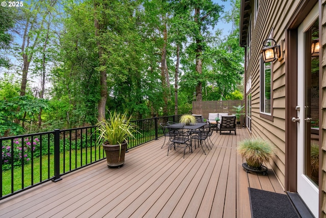 5666 Grand Oaks Dr, Lake Oswego, OR 97035 - wooden terrace featuring outdoor dining space and view of wooded area