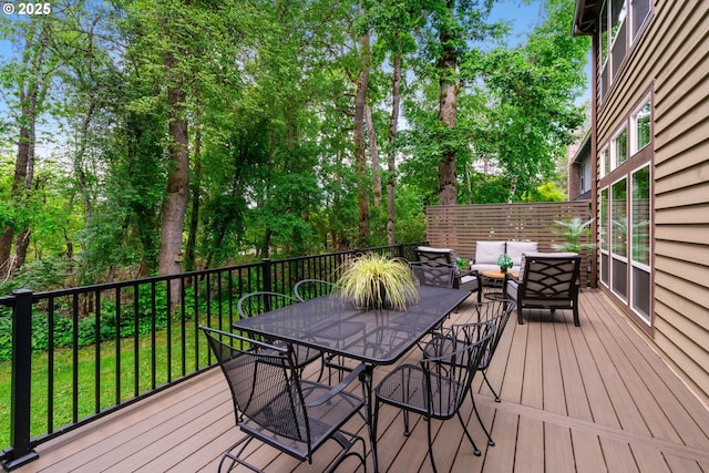 5666 Grand Oaks Dr, Lake Oswego, OR 97035 - deck featuring outdoor dining space, an outdoor hangout area, and view of scattered trees