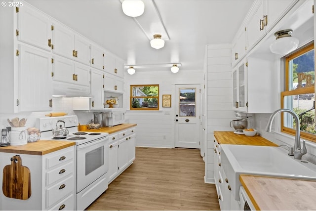 kitchen with wooden counters, white electric stove, and healthy amount of natural light