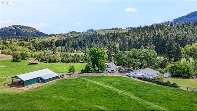 view of rural area with a heavily wooded area and a mountain backdrop