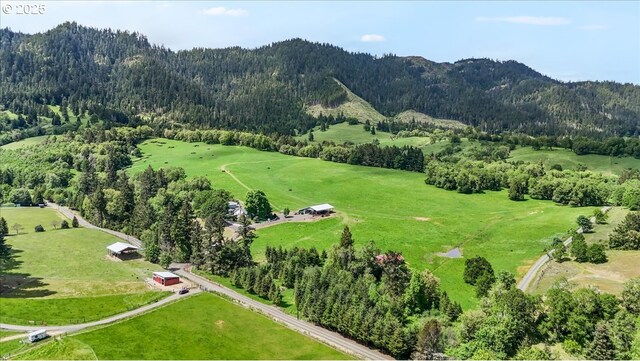 aerial view of sparsely populated area with a heavily wooded area and a mountainous background