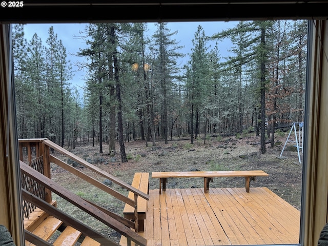 118 Noble Fir, Goldendale, WA 98620 - wooden deck featuring stairway and a wooded view