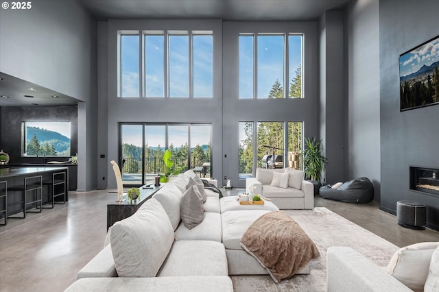 living room with a towering ceiling and sink