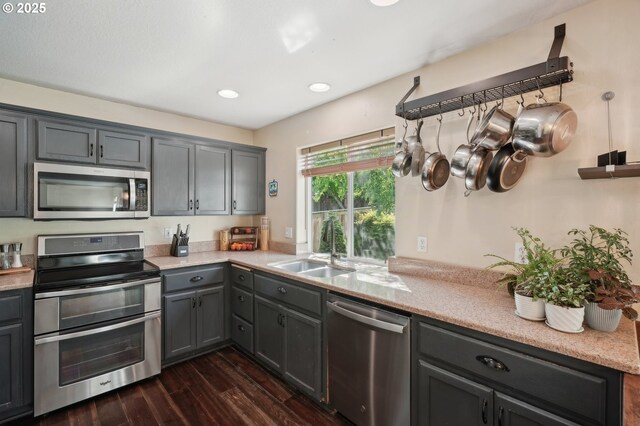 kitchen featuring dark wood-style flooring, appliances with stainless steel finishes, a sink, gray cabinets, and recessed lighting
