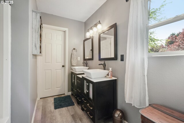 bathroom featuring double vanity, a sink, baseboards, and wood finished floors