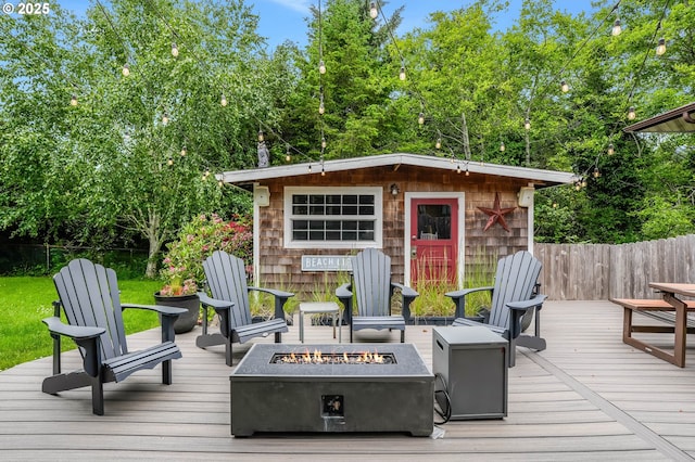 3664 W Chinook Ave, Cannon Beach, OR 97110 - deck with an outdoor fire pit and an outdoor structure