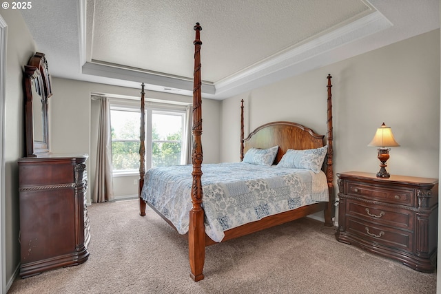 23836 SW Warbler Pl, Sherwood, OR 97140 - bedroom featuring a tray ceiling, light carpet, a textured ceiling, crown molding, and baseboards