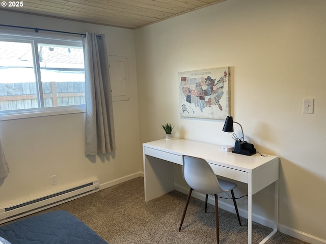 carpeted home office with wooden ceiling and baseboard heating