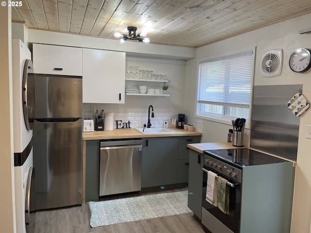 kitchen with sink, white cabinets, stainless steel appliances, wooden ceiling, and light wood-type flooring