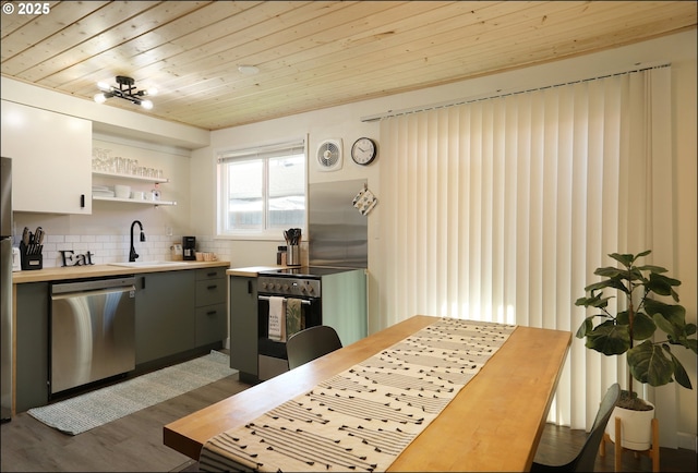 kitchen featuring sink, wood ceiling, dark hardwood / wood-style flooring, stainless steel appliances, and backsplash