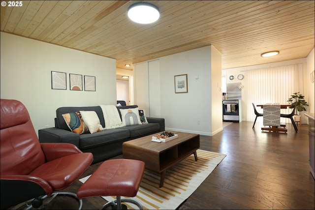 living room with dark wood-type flooring and wood ceiling