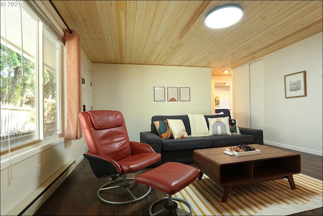 living room featuring a baseboard radiator, wood-type flooring, and wood ceiling