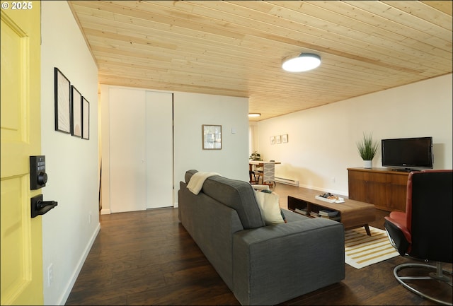 living room featuring dark hardwood / wood-style flooring and wooden ceiling