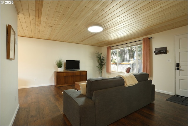 living room with dark hardwood / wood-style floors and wooden ceiling