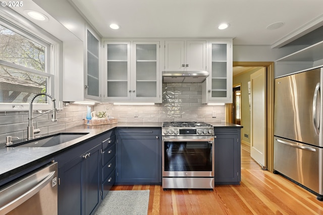 2804 NE 46th Ave, Portland, OR 97213 - kitchen featuring appliances with stainless steel finishes, a sink, under cabinet range hood, light wood-style flooring, and recessed lighting