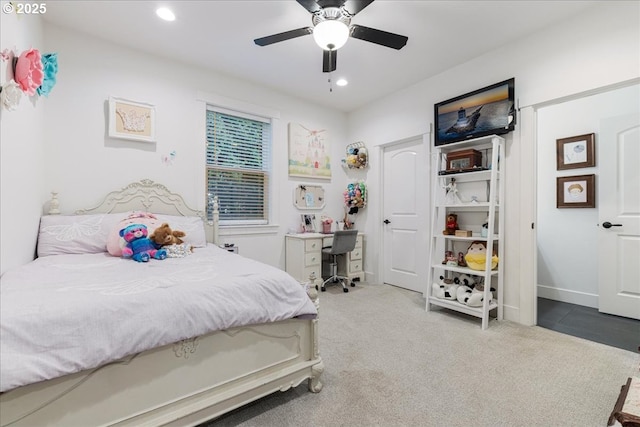 carpeted bedroom with recessed lighting and ceiling fan