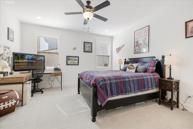 bedroom featuring carpet flooring, recessed lighting, baseboards, and ceiling fan