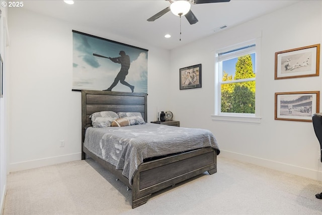 carpeted bedroom featuring recessed lighting, baseboards, visible vents, and ceiling fan