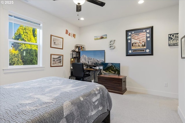 carpeted bedroom with baseboards, recessed lighting, and ceiling fan