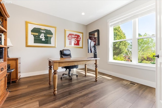 office area with baseboards, recessed lighting, wood finished floors, and visible vents