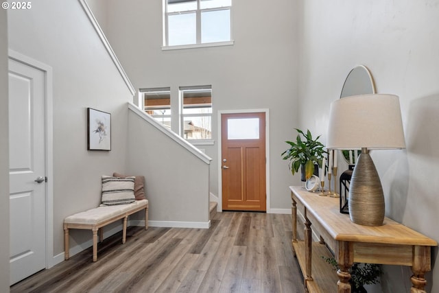 foyer entrance featuring a towering ceiling and hardwood / wood-style floors