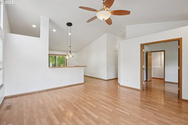 1041 40th St, Washougal, WA 98671 - unfurnished living room featuring ceiling fan, light wood-type flooring, high vaulted ceiling, and recessed lighting