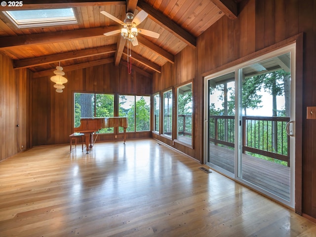 2830 Capital Dr, Eugene, OR 97403 - unfurnished sunroom featuring wood ceiling, a skylight, wood walls, and wood finished floors