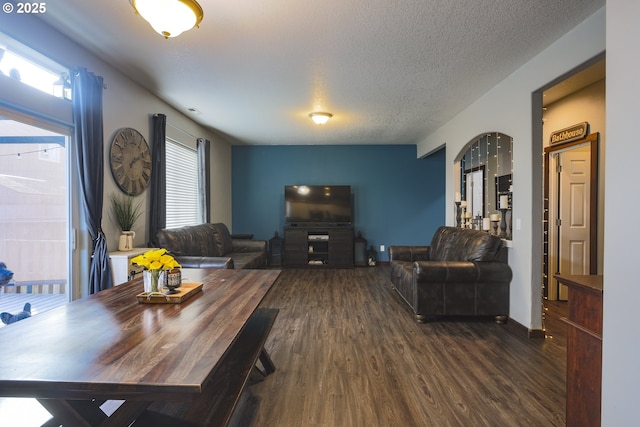 dining room featuring dark wood finished floors and a textured ceiling