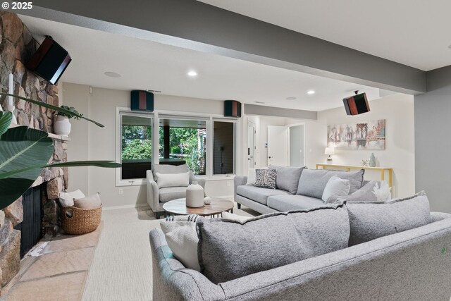 17595 Kelok Rd, Lake Oswego, OR 97034 - carpeted living room with a fireplace, recessed lighting, and baseboards