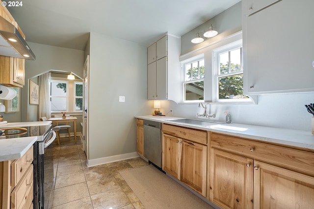 kitchen with wall chimney range hood, stainless steel dishwasher, a sink, light countertops, and electric range