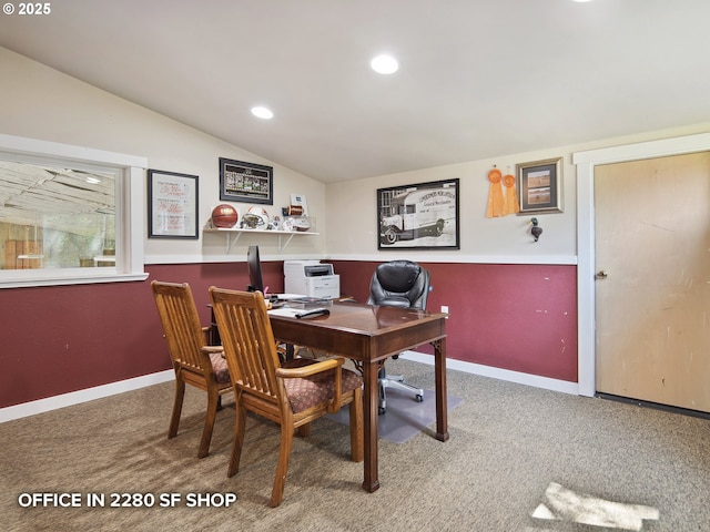 carpeted home office featuring recessed lighting, baseboards, and lofted ceiling
