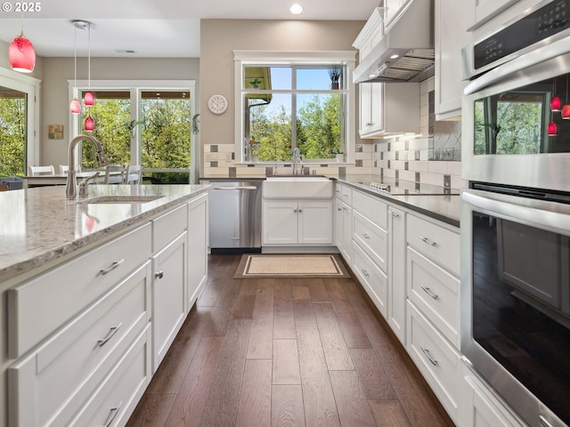 kitchen with under cabinet range hood, stainless steel appliances, recessed lighting, and a sink