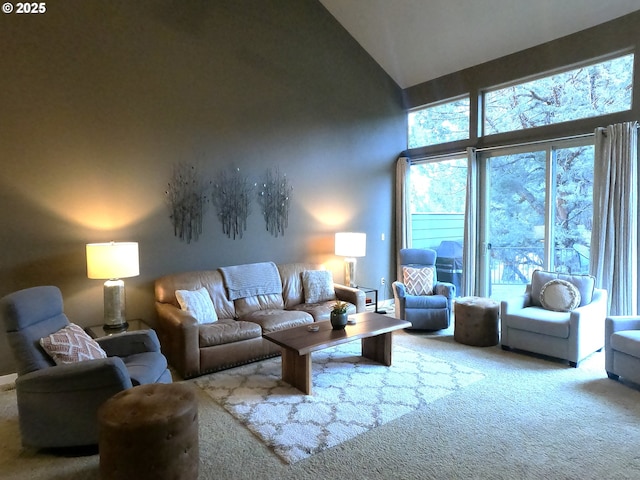 living room featuring carpet and high vaulted ceiling