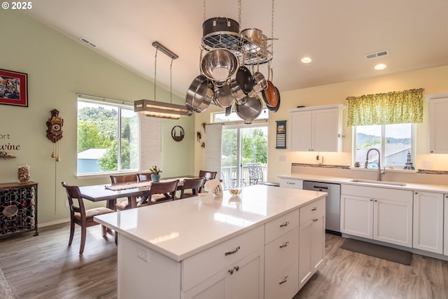 120 Sundance Ct, Roseburg, OR 97471 - kitchen featuring dishwasher, a sink, vaulted ceiling, light wood-style floors, and healthy amount of natural light