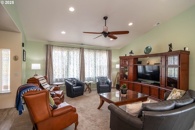 120 Sundance Ct, Roseburg, OR 97471 - living room with a ceiling fan, recessed lighting, baseboards, and vaulted ceiling