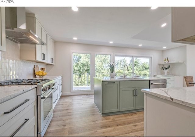 kitchen featuring a sink, decorative backsplash, stainless steel appliances, light wood-style floors, and wall chimney range hood