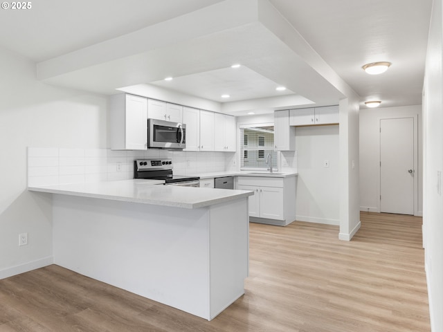 kitchen featuring kitchen peninsula, light hardwood / wood-style flooring, stainless steel appliances, white cabinets, and sink