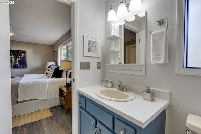 ensuite bathroom with vanity, wood finished floors, toilet, a ceiling fan, and ensuite bath