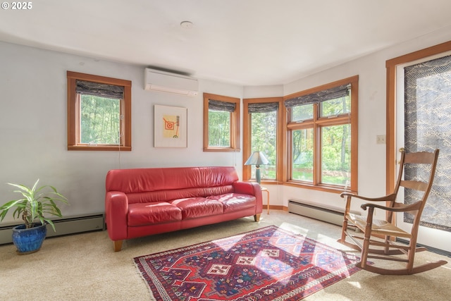 sitting room featuring plenty of natural light, carpet floors, a wall unit AC, and baseboard heating