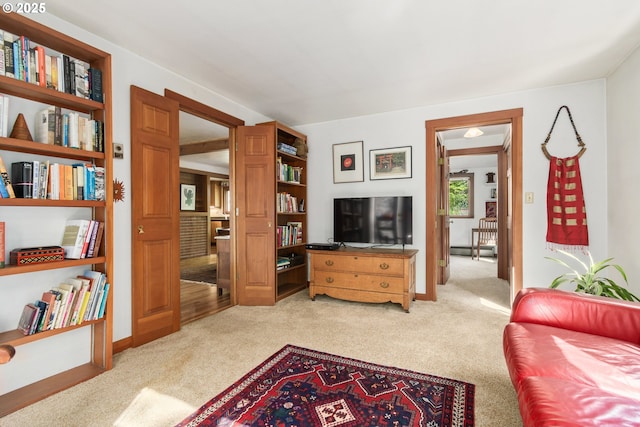 living area featuring carpet flooring and baseboard heating