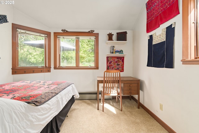 bedroom featuring baseboards, a baseboard radiator, light colored carpet, and lofted ceiling
