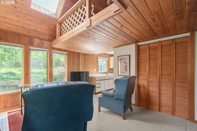 carpeted home office with wooden walls, wood ceiling, a skylight, and a sink