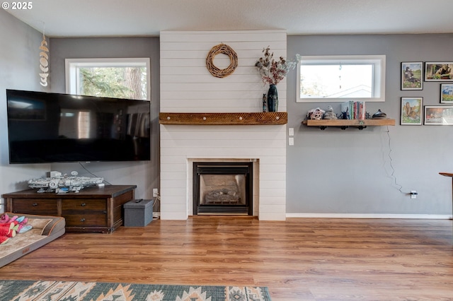 living room featuring a wealth of natural light, a large fireplace, and hardwood / wood-style floors