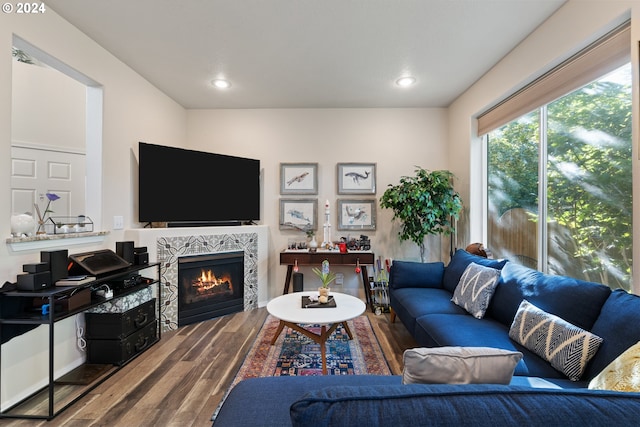 living room with hardwood / wood-style floors and a tile fireplace