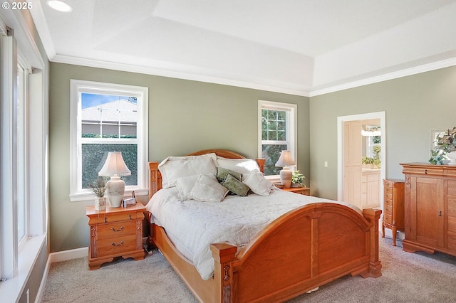 5632 Mac Way, Silverton, OR 97381 - bedroom featuring light carpet, a tray ceiling, multiple windows, and ornamental molding